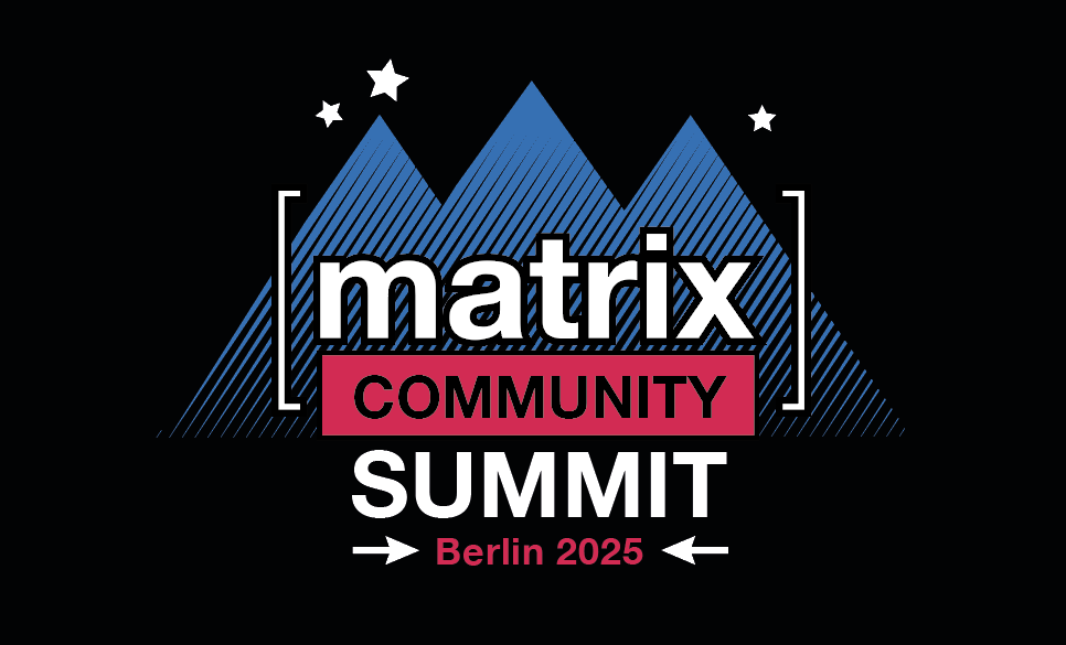 The logo of the third Matrix Community Summit logo depicts 3 mountaintops and 3 stars in the sky in the background, with '[matrix] COMMUNITY SUMMIT -> Berlin 2025 <-' written in the front. The 'COMMUNITY' and 'Berlin 2025' part are in magenta, the mountains are in blue.