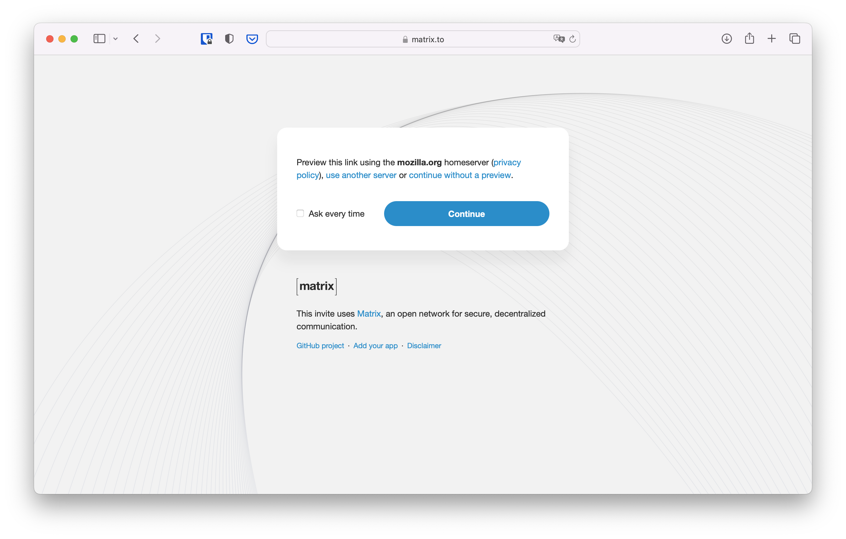 matrix.to asks to confirm the choice of homeserver instance which it will use to preview the room.